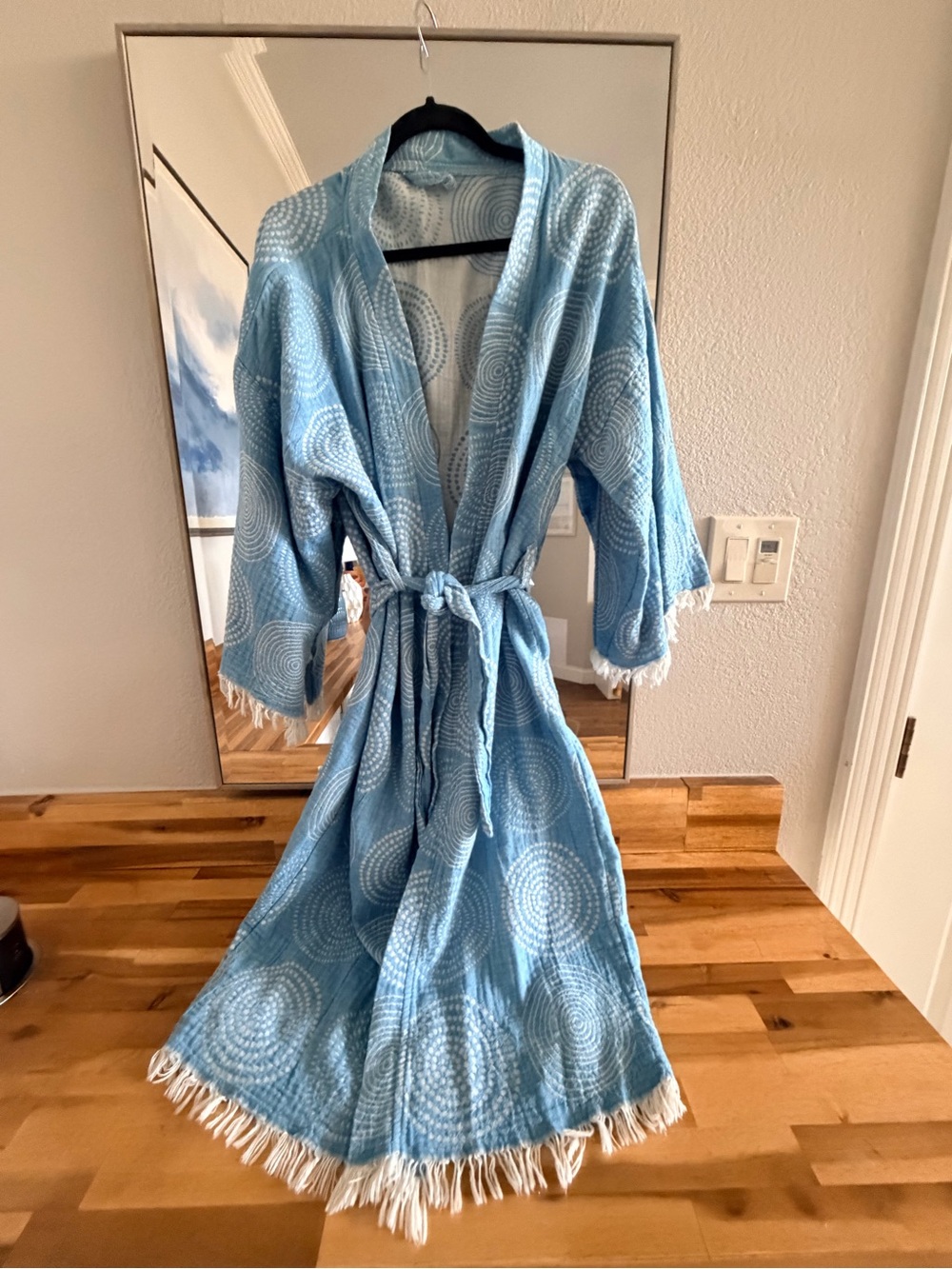 Light Blue Circular Pattern Cotton Robe with Fringe